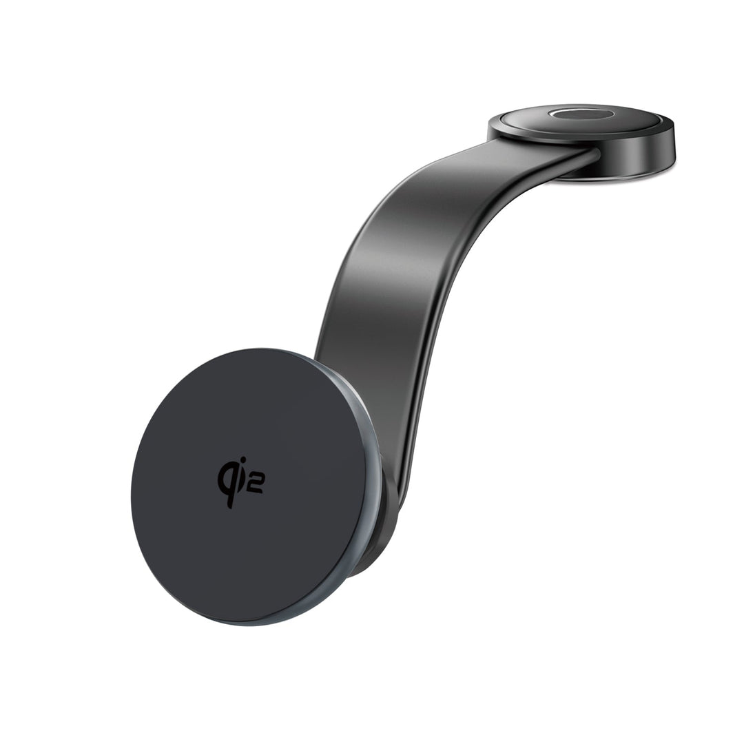 as Qi2 Kfz-Ladegerät, ein schwarzes, gebogenes Ladegerät mit Qi2-Logo.