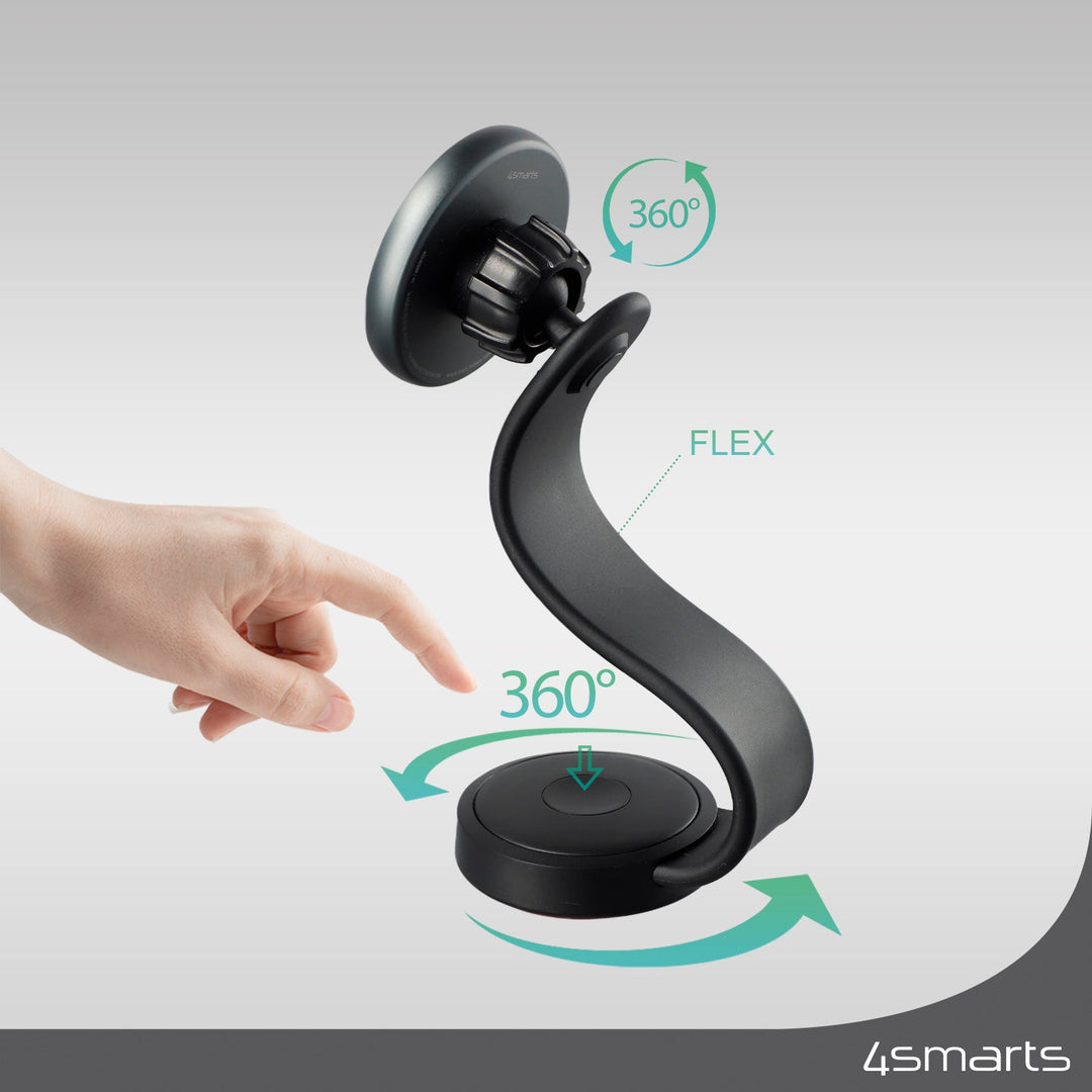 Das Qi2 Kfz-Ladegerät mit 360-Grad-Drehfunktion und flexiblem Design wird gezeigt, eine Hand zeigt auf die Drehfunktion.