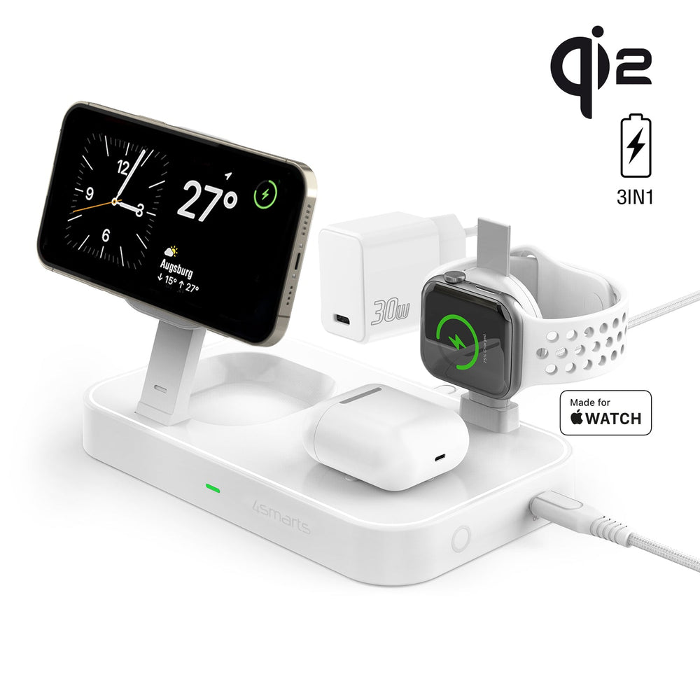 Qi2 Ladestation Trident mit MFi Fast Charger für Apple Watch weiß - 4smarts