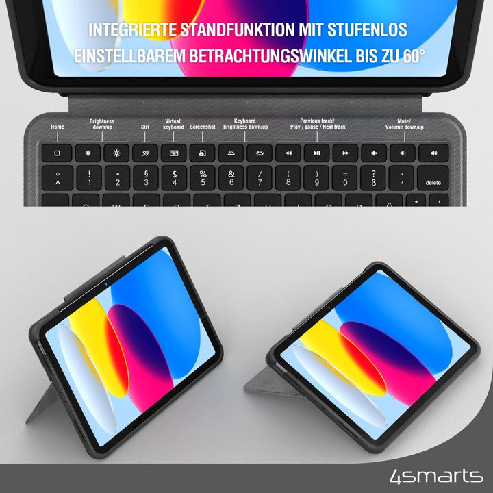 Das Bild zeigt das 4smarts Tastatur Case 2in1 Solid Smart Connect für Apple iPad (10. Gen.) in Graphit. Es verfügt über eine integrierte Standfunktion mit stufenlos einstellbarem Betrachtungswinkel bis zu 60 Grad.