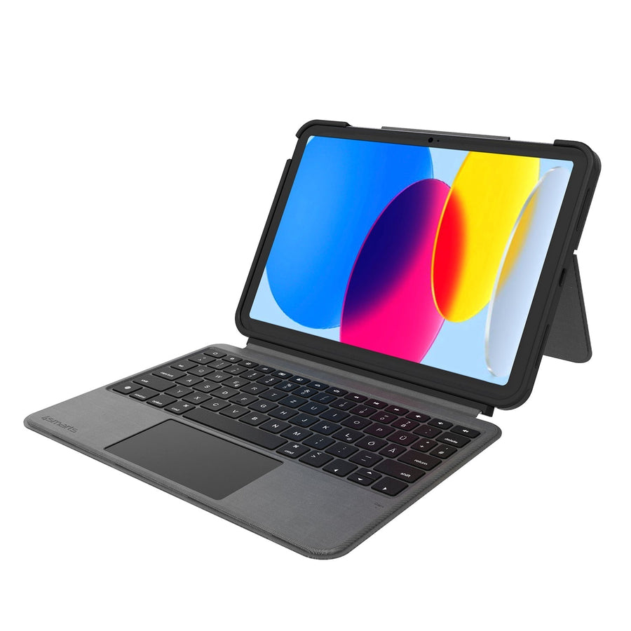 Das Bild zeigt das 4smarts Tastatur Case 2in1 Solid Smart Connect für Apple iPad (10. Gen.) in Graphit. Es bietet Schutz, Flexibilität und eine integrierte Tastaturlösung für das iPad, ideal für Arbeit und Freizeit.