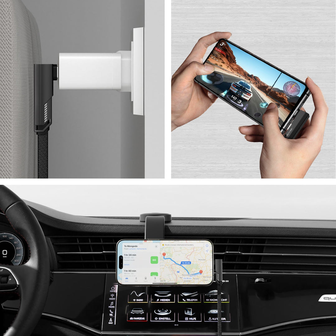 Kabel im Einsatz: Wandladegerät, Smartphone-Gaming, Navigation im Auto – ideal für unterwegs