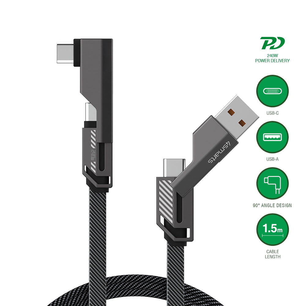 Kabel mit USB-C auf USB-A/C-Stecker im 90°-Design, Power Delivery bis 240 W, grafische Icons