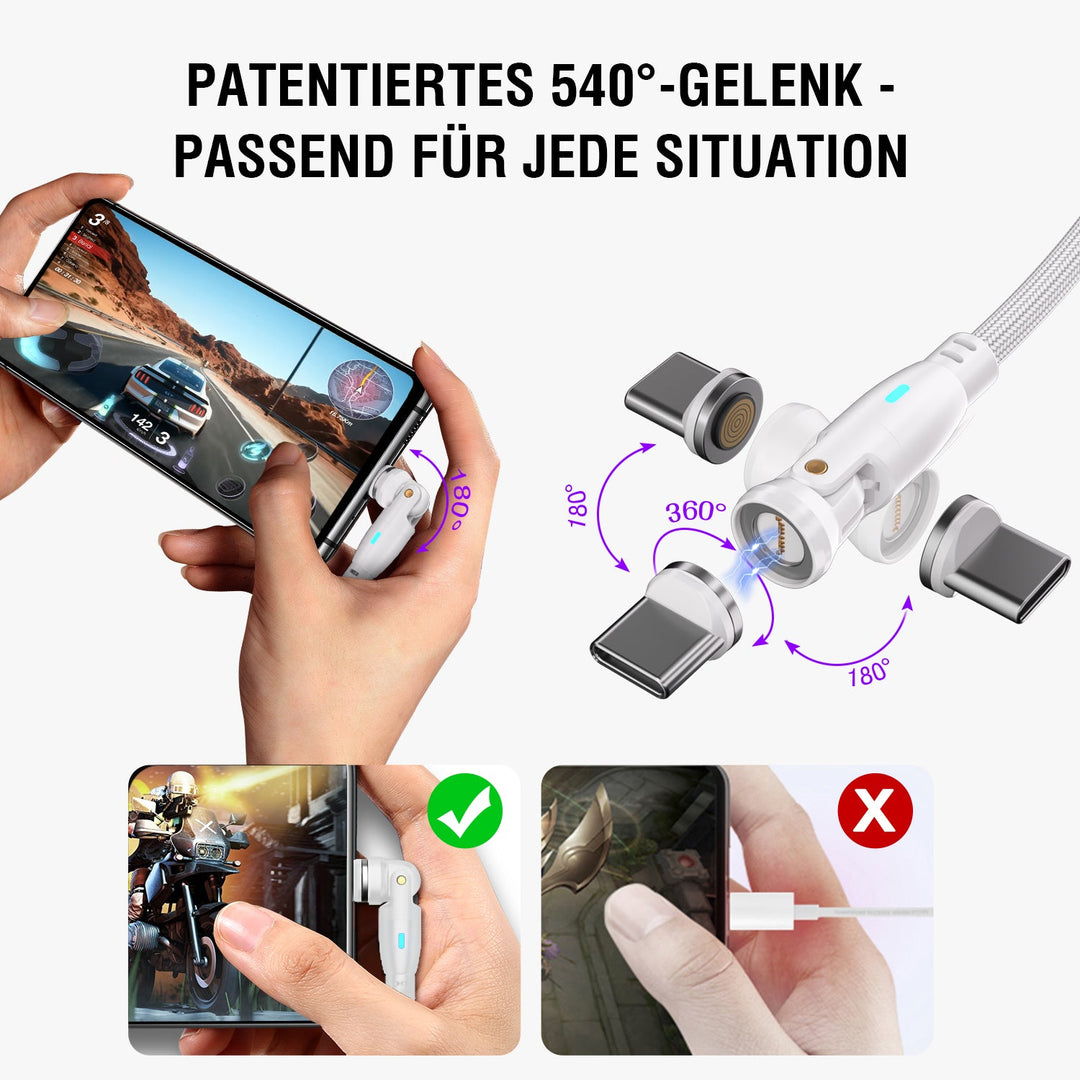 Patentiertes 540°-Gelenk des GravityCord Kabels, ideal für unterschiedliche Anwendungsszenarien und für ergonomisches Spielen und Bedienen.