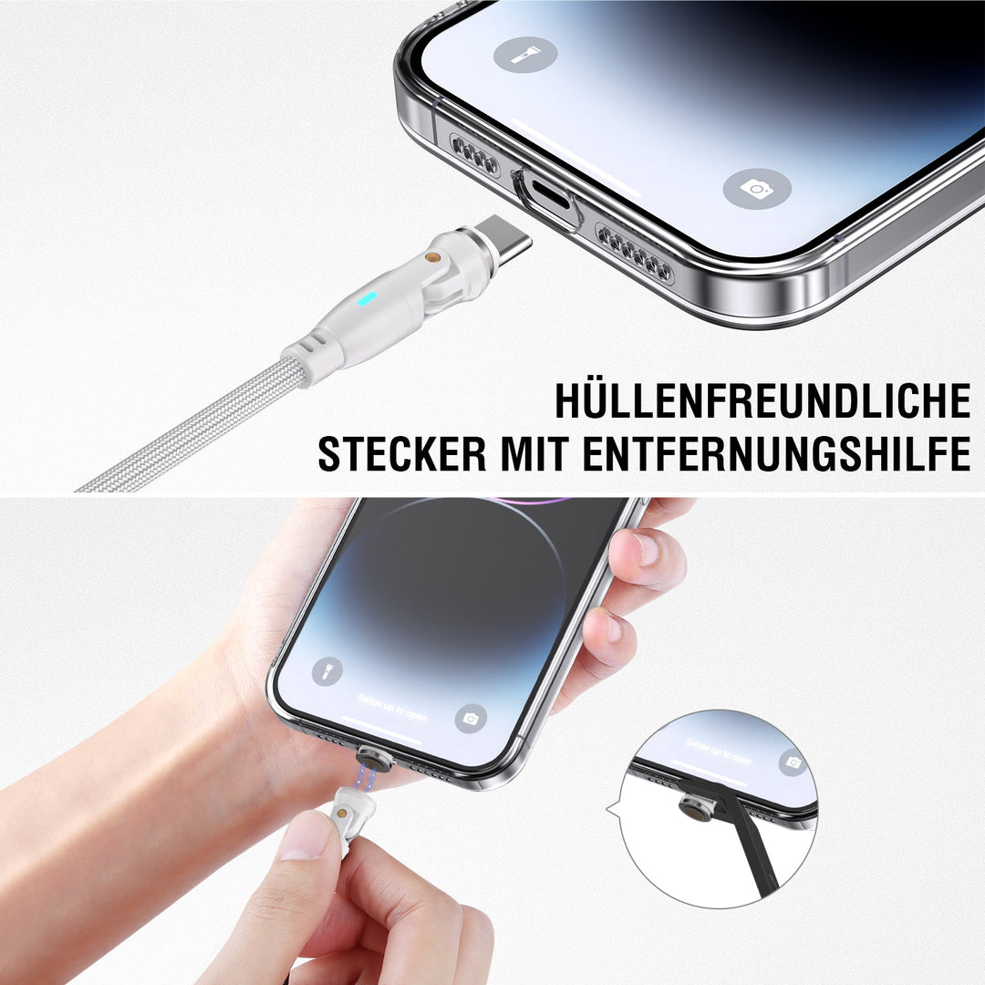 USB-C/A 540° Magnetkabel GravityCord mit hüllenfreundlichen Steckern und einfacher Entfernungshilfe.