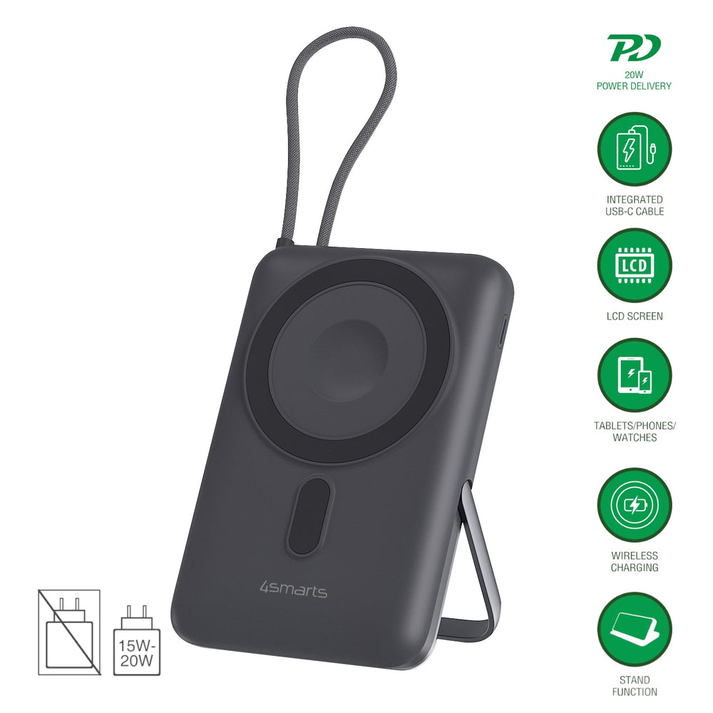 Produktabbildung der Powerbank mit Icons für Qi2, USB-C, kabelloses Laden und weiteren Funktionen.