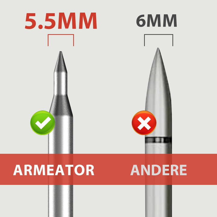 Ein Vergleich zwischen der Sonde des Armeator One kabellosen Fleischthermometers (5,5 mm Durchmesser) und einer anderen Sonde (6 mm Durchmesser). Der Armeator One wird mit einem grünen Haken als richtig markiert, während die andere Sonde mit einem roten Kreuz als falsch markiert ist.