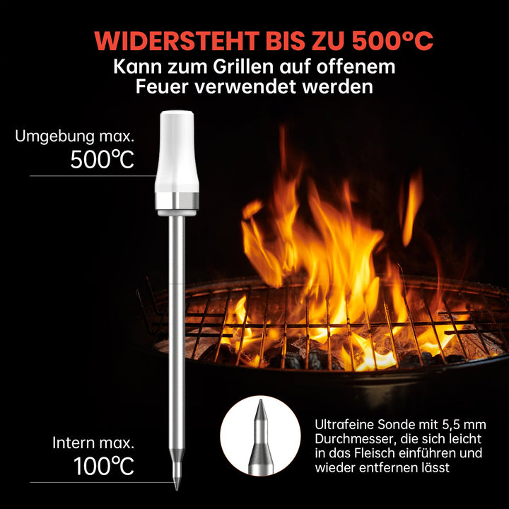 Das Armeator One kabellose Fleischthermometer in Nahaufnahme mit dem Text "WIDERSTEHT BIS ZU 500°C Kann zum Grillen auf offenem Feuer verwendet werden". Die Sonde kann eine Umgebungstemperatur von bis zu 500°C und eine interne Temperatur von bis zu 100°C messen. Unten rechts ein kleines Bild der ultrafeinen Sonde mit 5,5 mm Durchmesser.