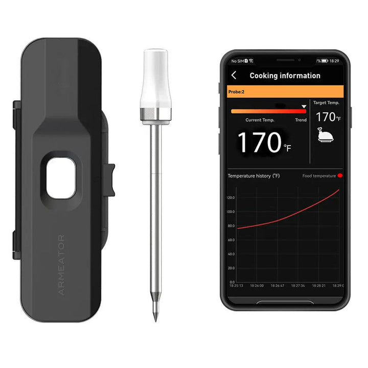 Das Armeator One kabellose Fleischthermometer zusammen mit der Sonde und einem Smartphone, das die Kochinformationen anzeigt, darunter die aktuelle und Zieltemperatur (170°F) sowie Temperaturverlaufskurven.